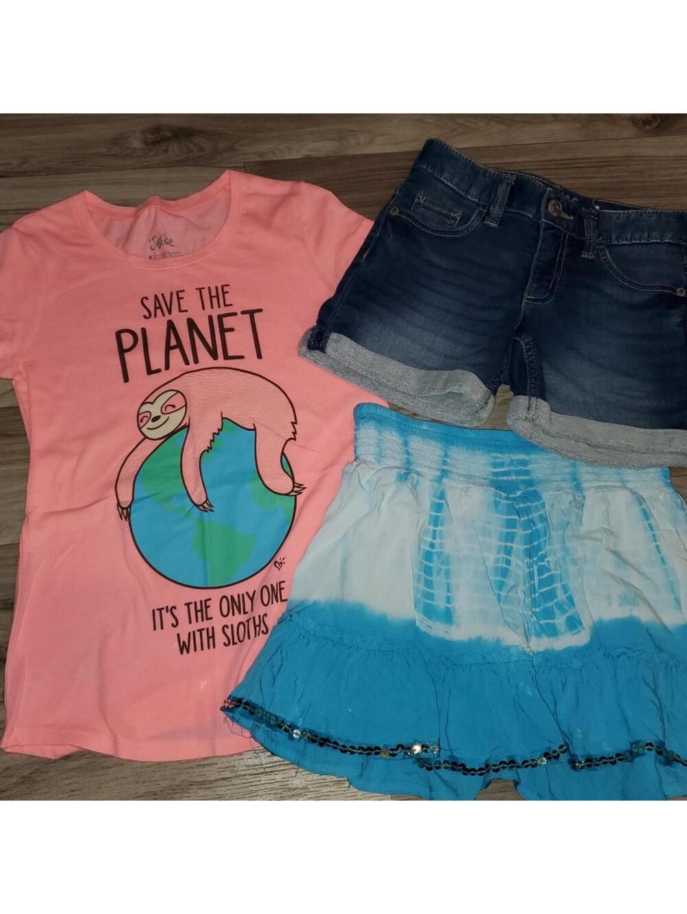 Girls 8 Justice Sloth Summer Outfit Bundle Shorts Tee Skirt